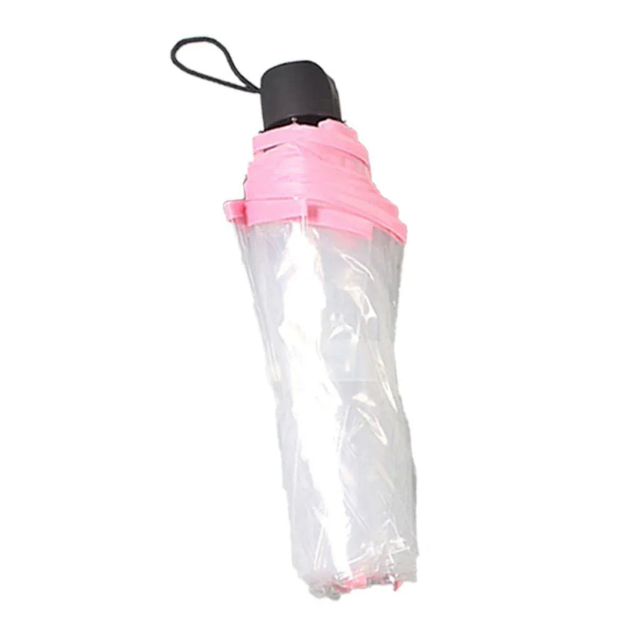 Transparent Folding Umbrella Compact Tri Fold Design Clear Rain Protection Cover - Manually operated-Pink