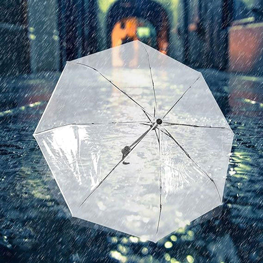 Transparent Folding Umbrella Compact Tri Fold Design Clear Rain Protection Cover - Manually operated-Pink