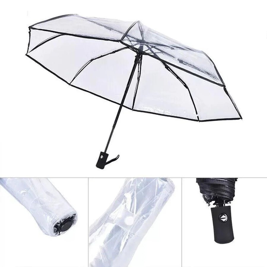 Transparent Folding Umbrella Compact Tri Fold Design Clear Rain Protection Cover - Manually operated-Pink