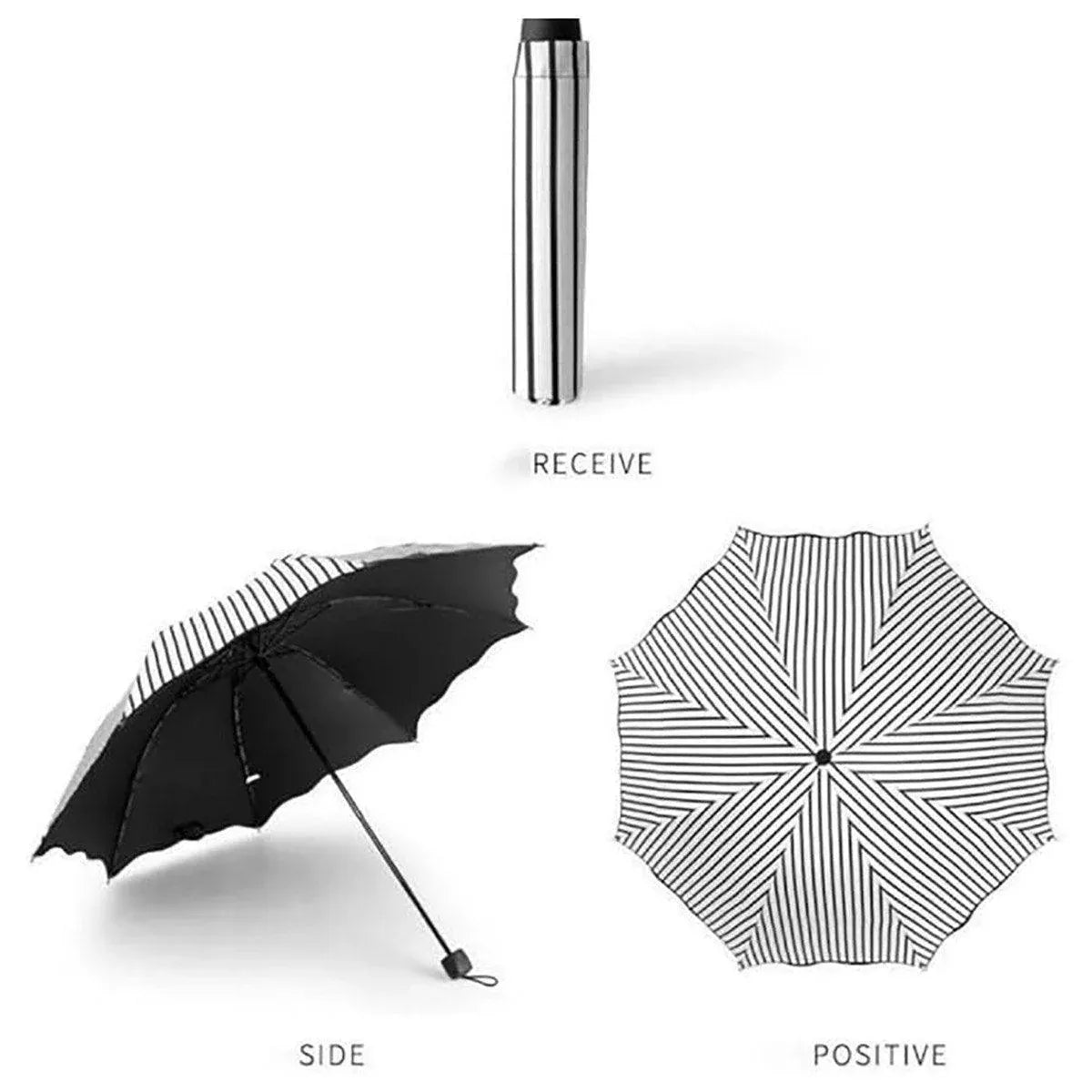 Stripe Sun Umbrella Rainy Folding Umbrella Women Sunscreen Black Rubber Sunshade