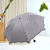 Stripe Sun Umbrella Rainy Folding Umbrella Women Sunscreen Black Rubber Sunshade - Close-Up Angle