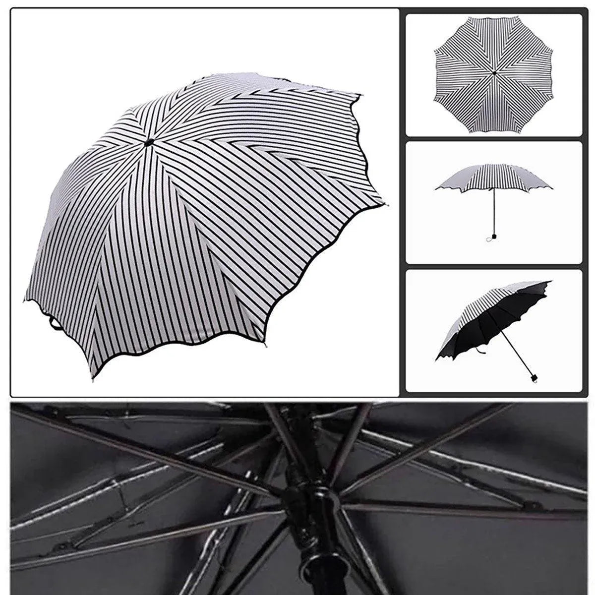 Stripe Sun Umbrella Rainy Folding Umbrella Women Sunscreen Black Rubber Sunshade