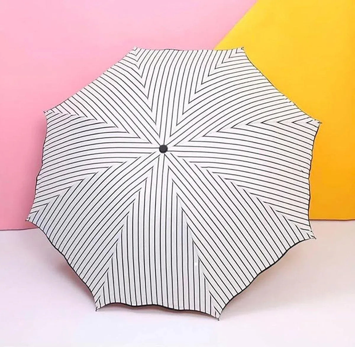 Stripe Sun Umbrella Rainy Folding Umbrella Women Sunscreen Black Rubber Sunshade