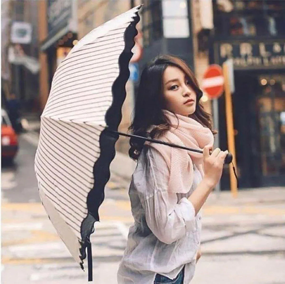 Stripe Sun Umbrella Rainy Folding Umbrella Women Sunscreen Black Rubber Sunshade