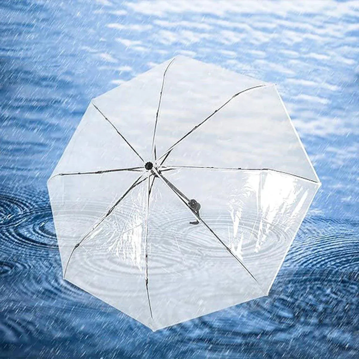 Transparent Folding Umbrella Compact Tri Fold Design Clear Rain Protection Cover - Automation-Black