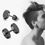 Pair Black Flat Round Barbell Plug Stud Earrings Stainless Steel Mens Gym 4-12Mm - 8mm - Top-Down View