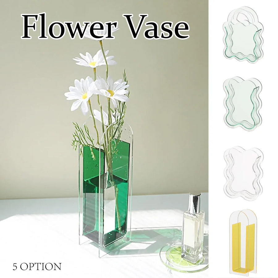 Creative Transparent Acrylic Vase Flower Ornament Dried Floral Display Tank - Wave pattern-Green