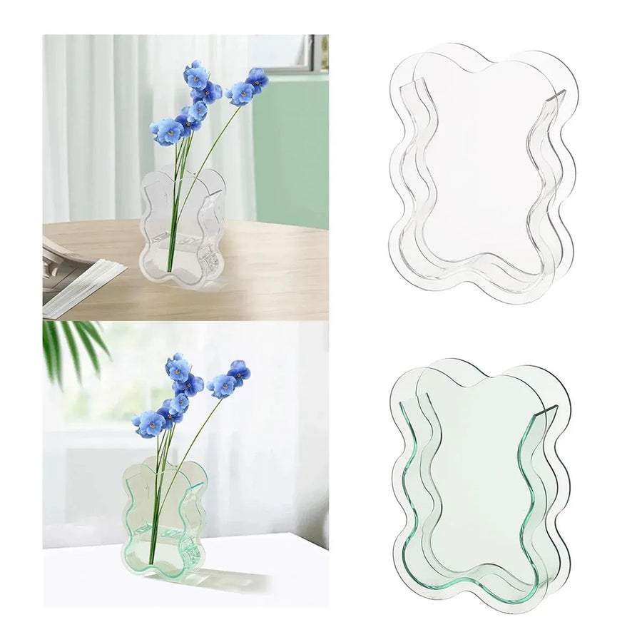 Creative Transparent Acrylic Vase Flower Ornament Dried Floral Display Tank - Wave pattern-Green