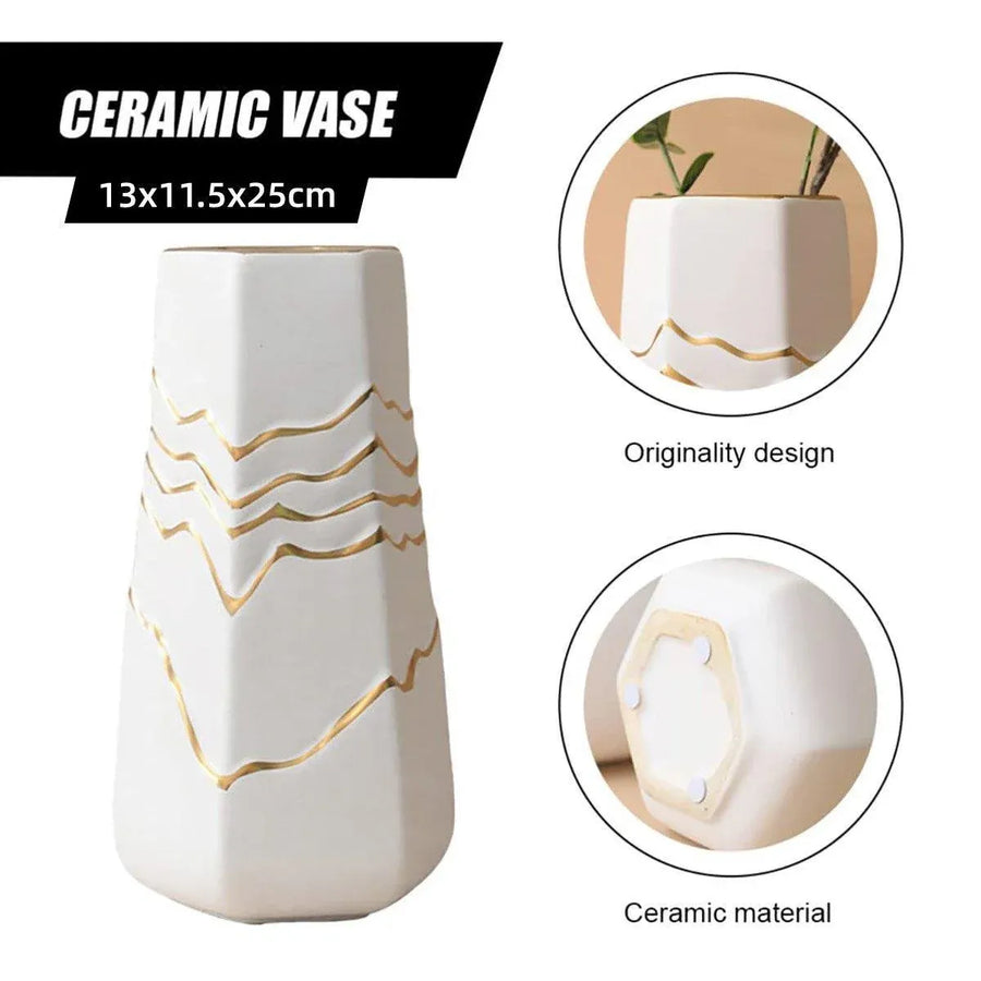 1 White Ceramic Vase with Gold-Coloured Wavy Detail, 13 x 11.5 x 25 cm