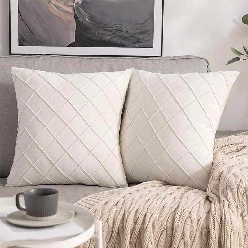 Velvet Cushion Cover Pleated Checked Plaid Plush Decorative Lounge Cushion Cover - Black