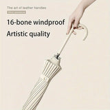Large 16 Bone Automatic Umbrella Unisex Long Handle Dual Use Rain Sun Umbrella - Beige