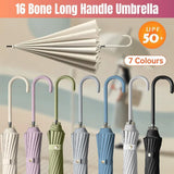 Large 16 Bone Automatic Umbrella Unisex Long Handle Dual Use Rain Sun Umbrella - White - Front View
