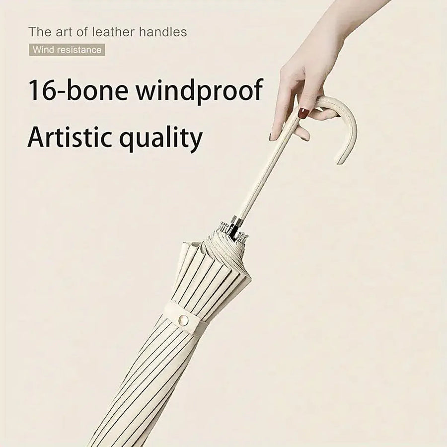 Large 16 Bone Automatic Umbrella Unisex Long Handle Dual Use Rain Sun Umbrella - White
