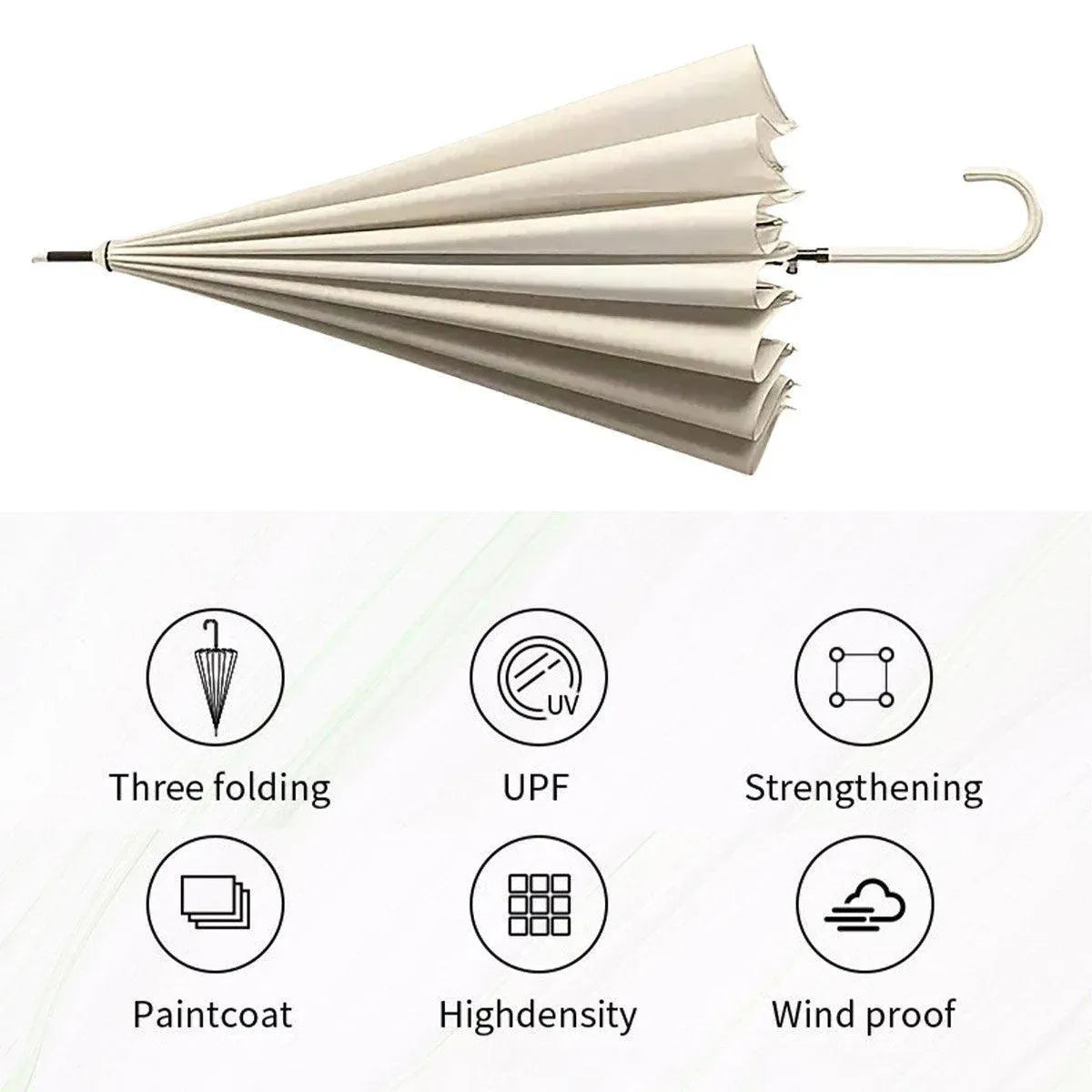 Large 16 Bone Automatic Umbrella Unisex Long Handle Dual Use Rain Sun Umbrella - White