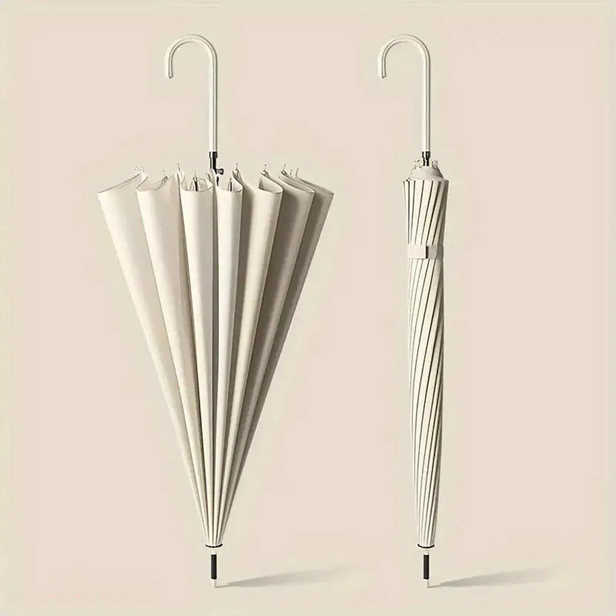 Large 16 Bone Automatic Umbrella Unisex Long Handle Dual Use Rain Sun Umbrella - White