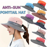 Women Wide Brim Ponytail Hat Sun Protect Visor Summer Beach Cap Anti Uv Floppy - Watermelon Red - Front View