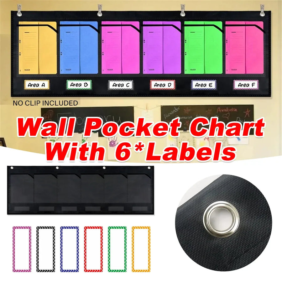 Wall Pocket Chart with 6 Labels Durable Oxford Cloth for School Office Documents