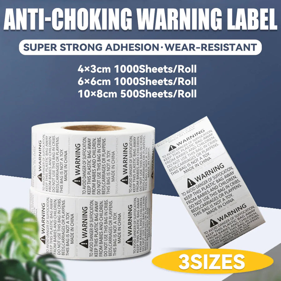 Suffocation Warning Labels Roll 3 Sizes Available Strong Water-Based Adhesive - 4x3cm