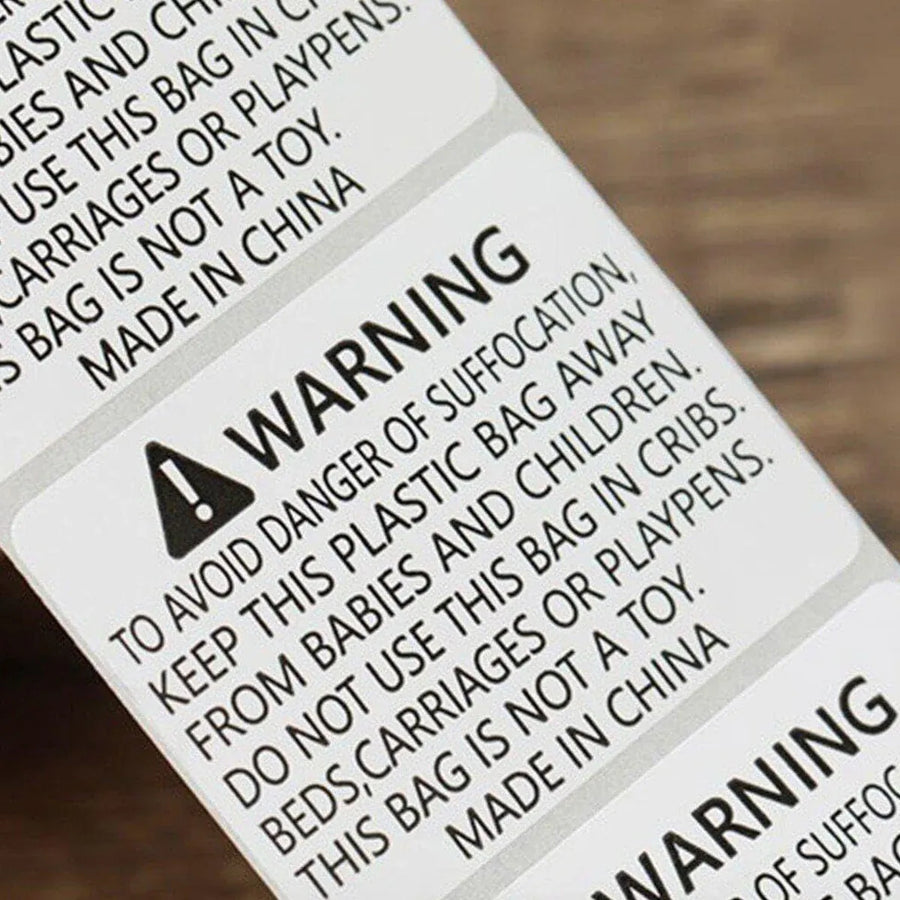 Suffocation Warning Labels Roll 3 Sizes Available Strong Water-Based Adhesive - 4x3cm