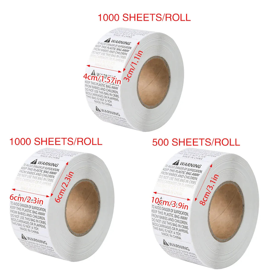 Suffocation Warning Labels Roll 3 Sizes Available Strong Water-Based Adhesive - 6x6cm