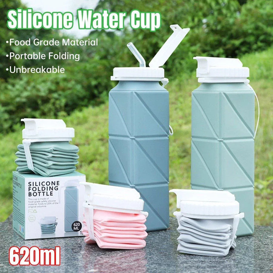 620ml Silicone Folding Water Bottle Food Grade Outdoor Sports Kettle High Temp - Blue