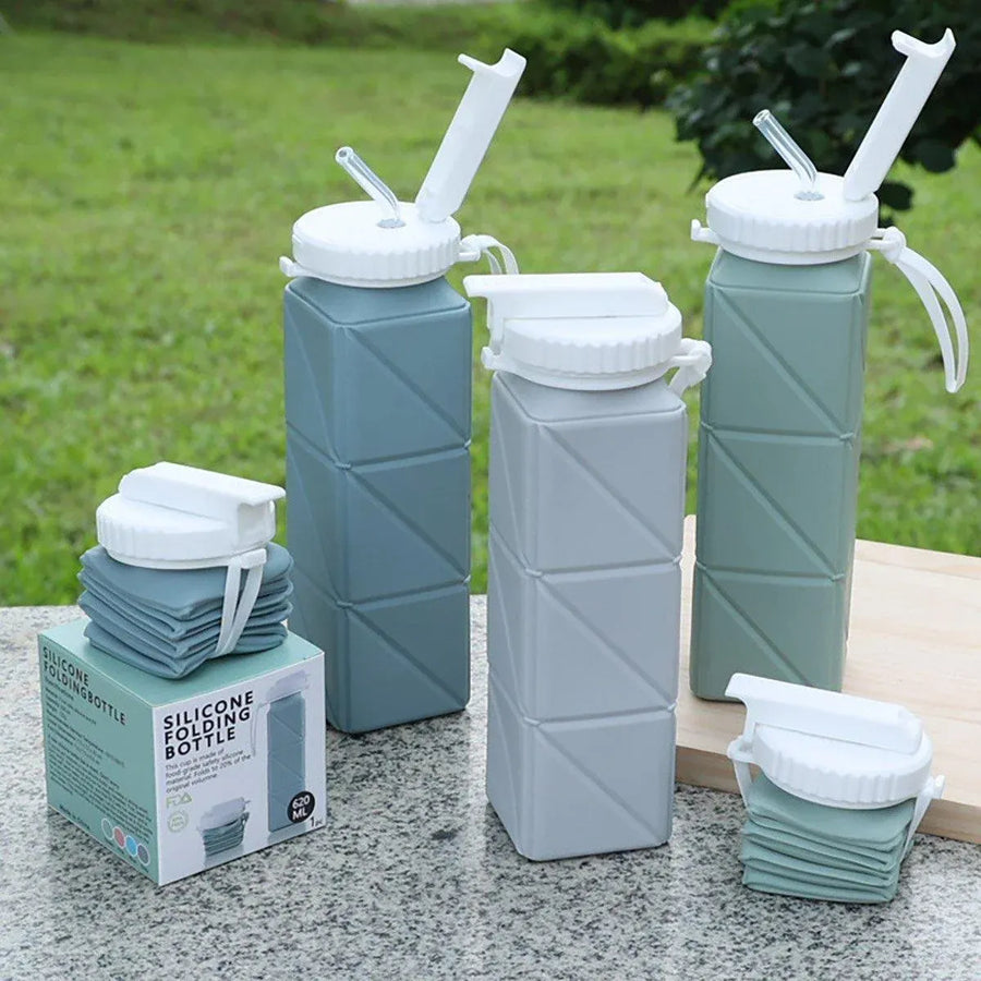 620ml Silicone Folding Water Bottle Food Grade Outdoor Sports Kettle High Temp - Blue