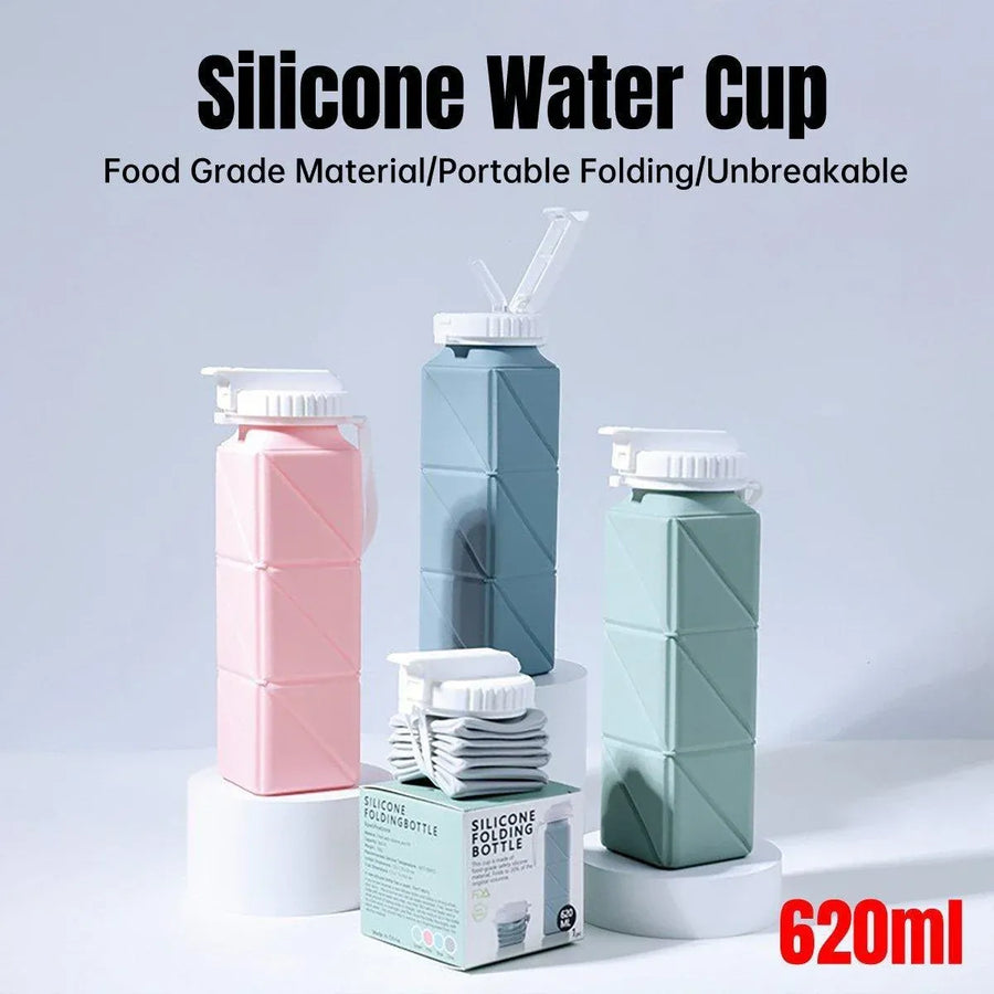 620ml Silicone Folding Water Bottle Food Grade Outdoor Sports Kettle High Temp - Blue
