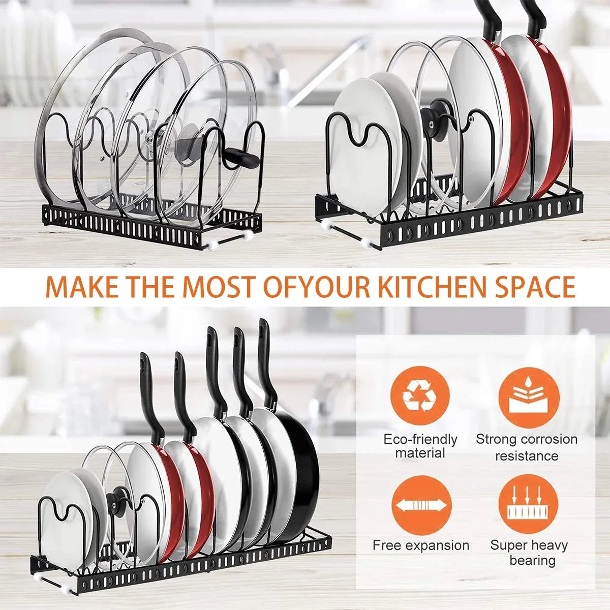 Retractable Kitchen Storage Rack Pot Lid Holder Cutting Board Organizer Stand - White
