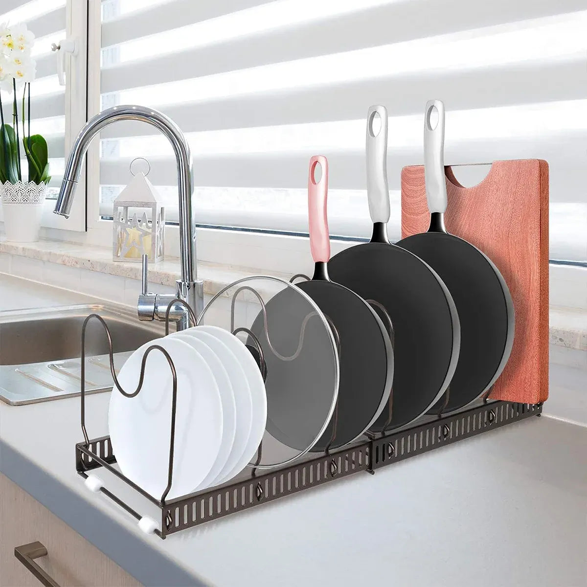 Retractable Kitchen Storage Rack Pot Lid Holder Cutting Board Organizer Stand - White