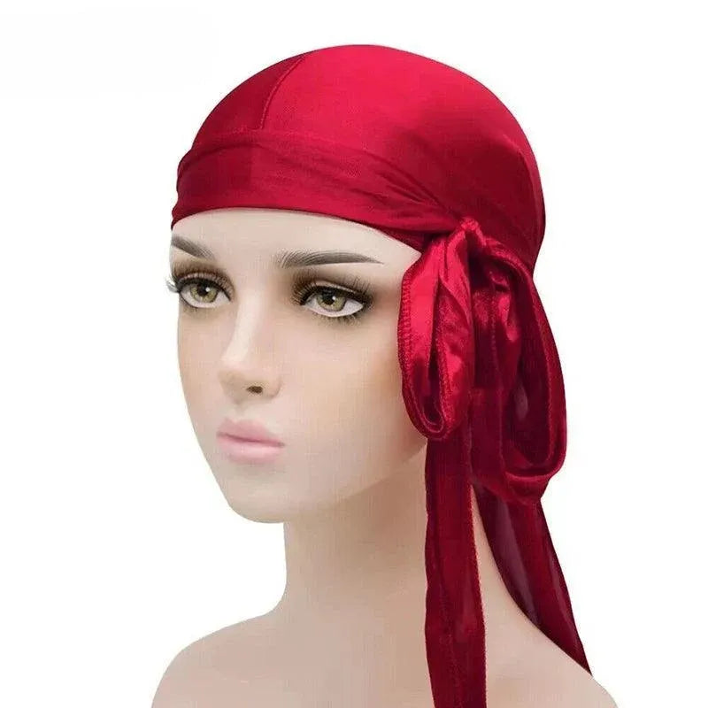 Velvet Durag Silky Hat Cap Men Women Premium Designer Doo Rag Wave Silk Headwear - Wine red