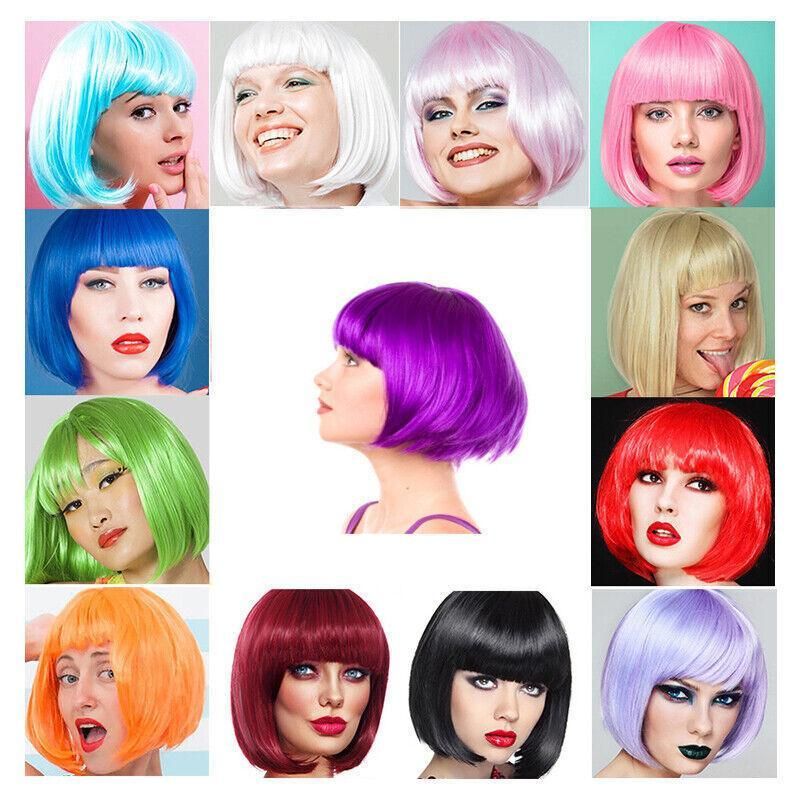 Short Bob Wig with Bangs for Women Synthetic Cosplay Party Hair in 14 Colours - Dark Blue