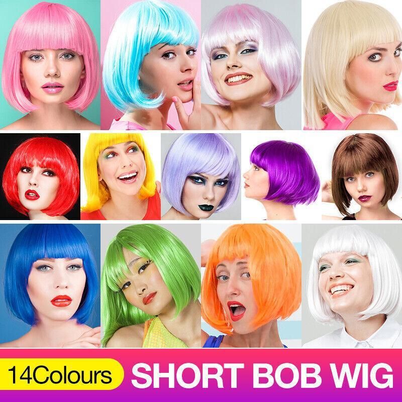Short Bob Wig with Bangs for Women Synthetic Cosplay Party Hair in 14 Colours - Orange
