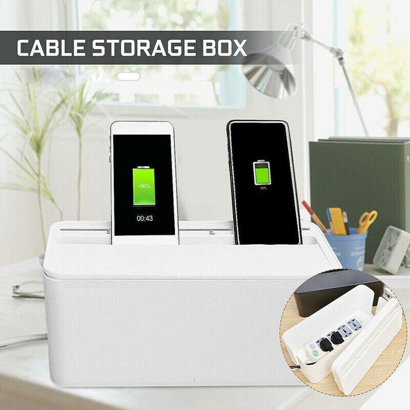 Large Cable Wire Cord Storage Box Case with Lid for Power Board and Device Charging - Black