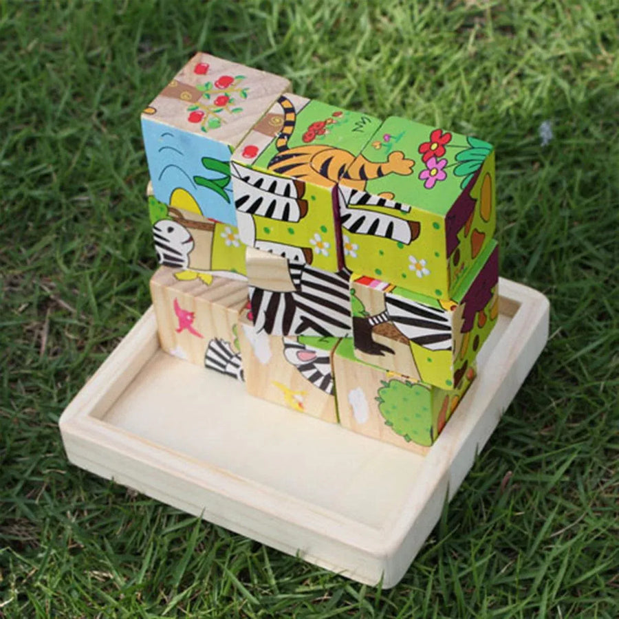 10PCS Wooden 3D Puzzle Blocks Educational Toy Matching Game with Solid Wood Tray
