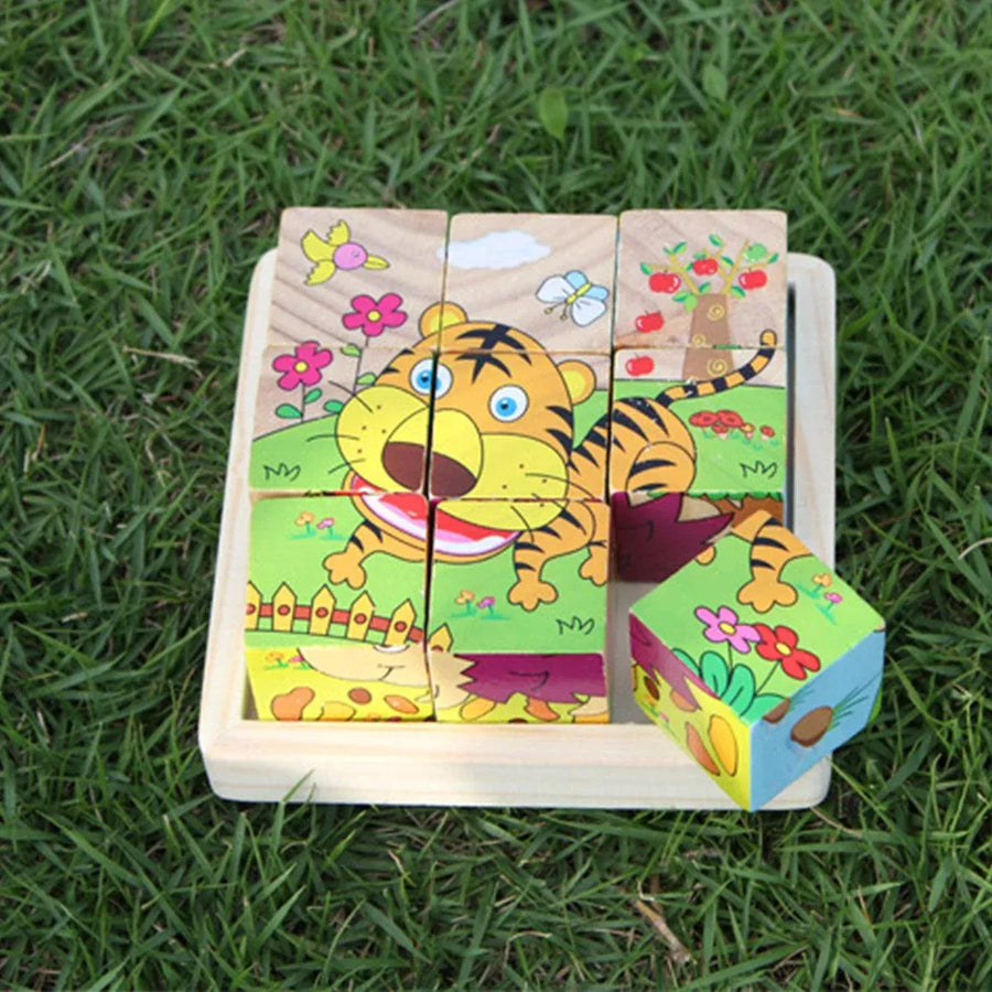 10PCS Wooden 3D Puzzle Blocks Educational Toy Matching Game with Solid Wood Tray