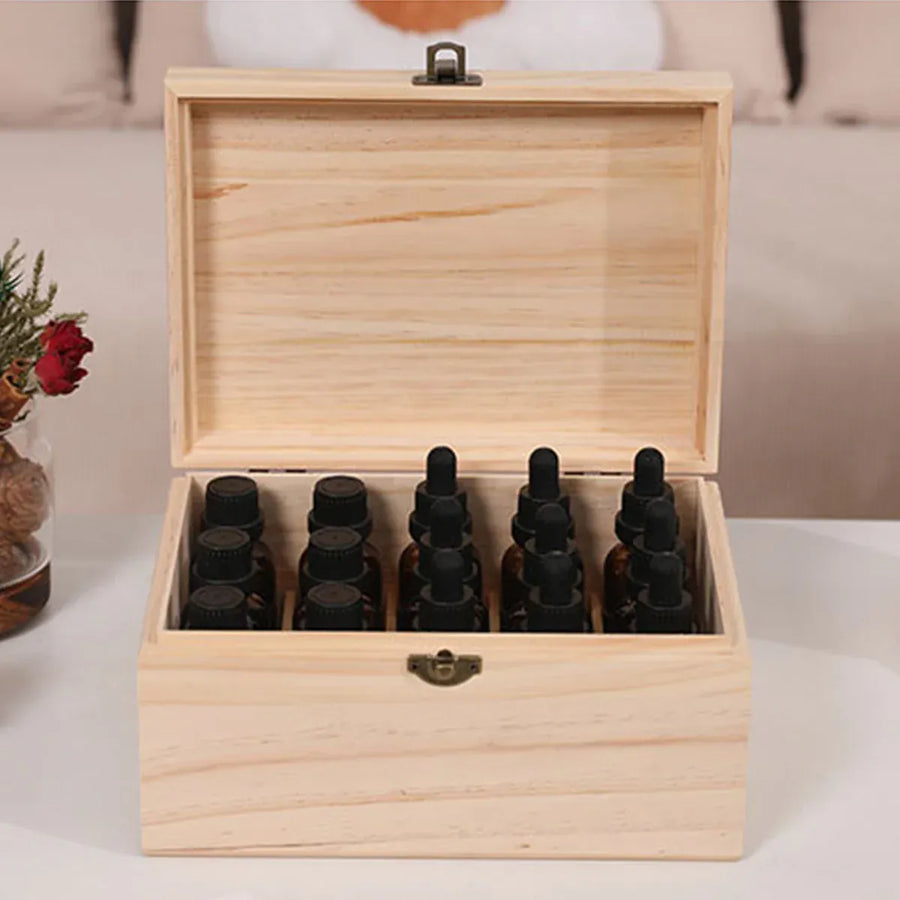 Large Capacity Solid Wood 15-Slot Essential Oil Storage Box Dustproof Durable