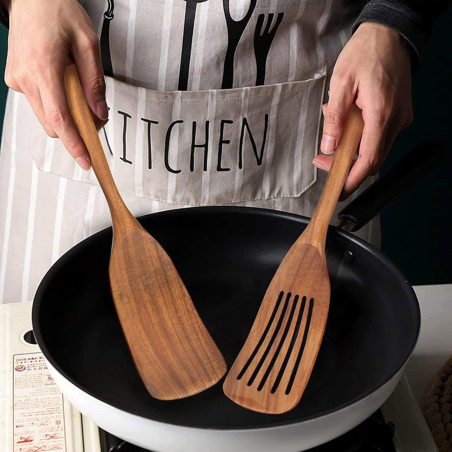 2pcs Wooden Frying Spatula Long Handle Stir Fry Spatula Kitchen Cooking Utensils