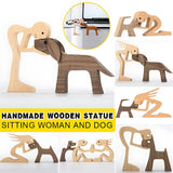 Handmade Wooden Statue Sitting Family and Dog Craft Home Decor - B05 - Front View