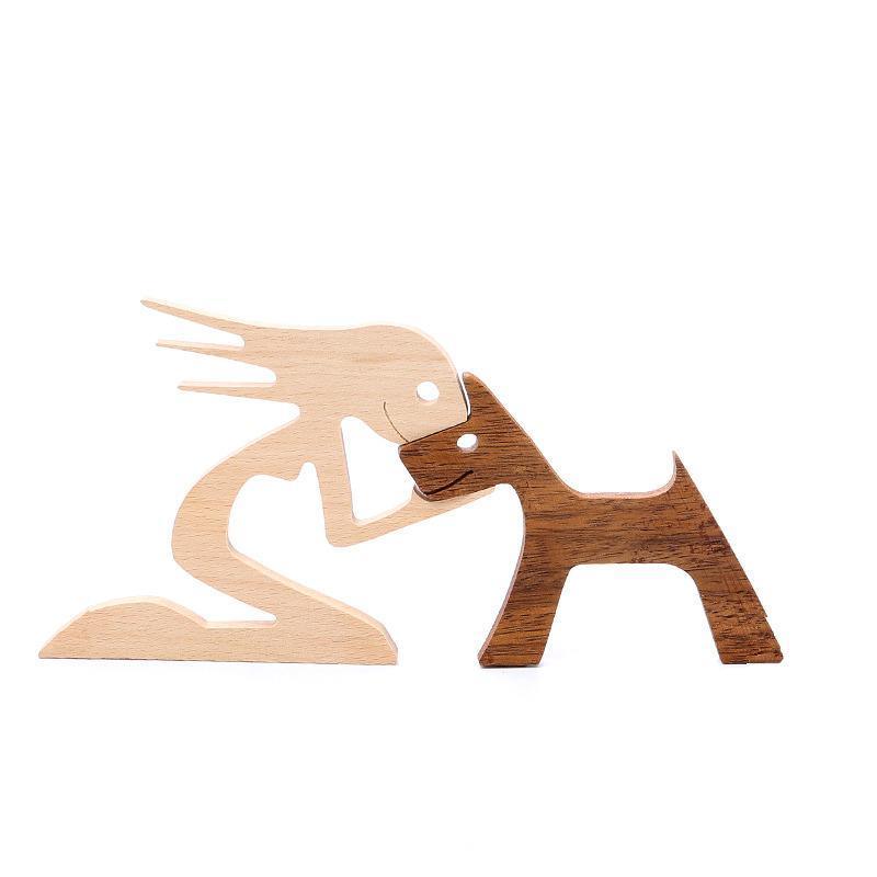 Handmade Wooden Statue Sitting Family and Dog Craft Home Decor - B05