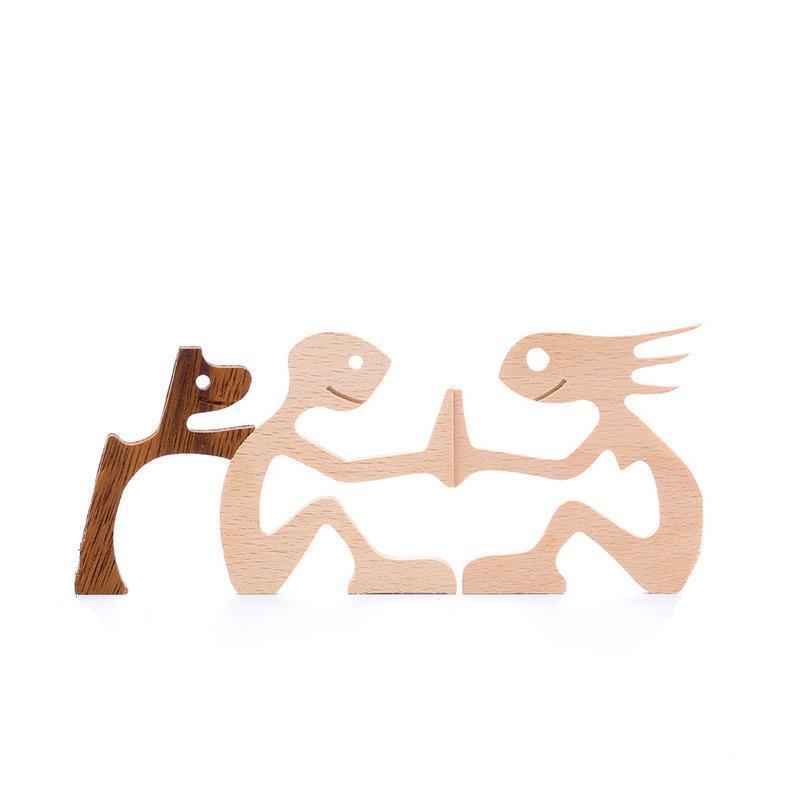 Handmade Wooden Statue Sitting Family and Dog Craft Home Decor - B04