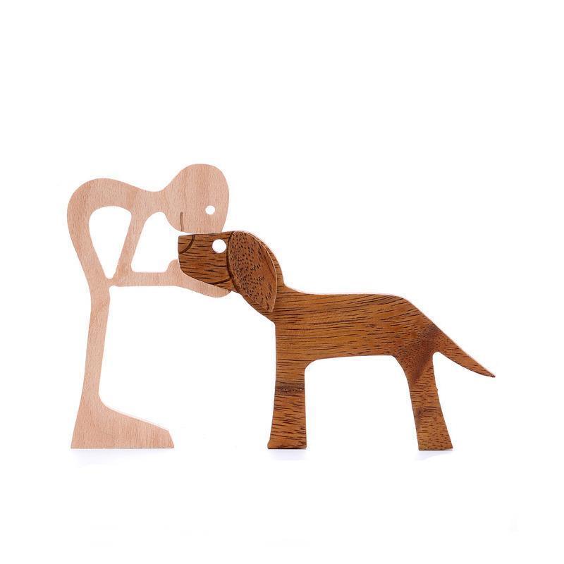 Handmade Wooden Statue Sitting Family and Dog Craft Home Decor - B02