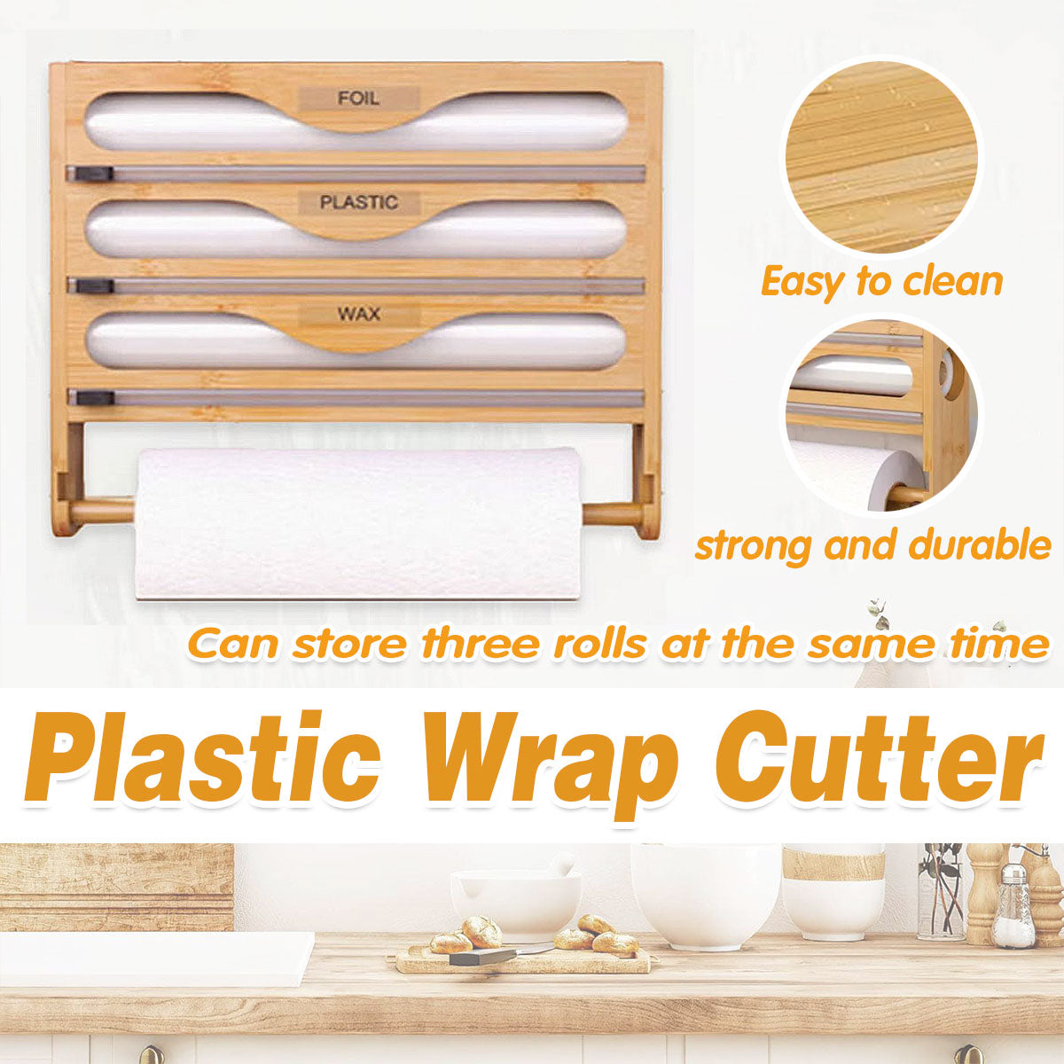 Wall Mounted Plastic Wrap Cutter Bamboo Multi Cell Kitchen Storage Box Organizer