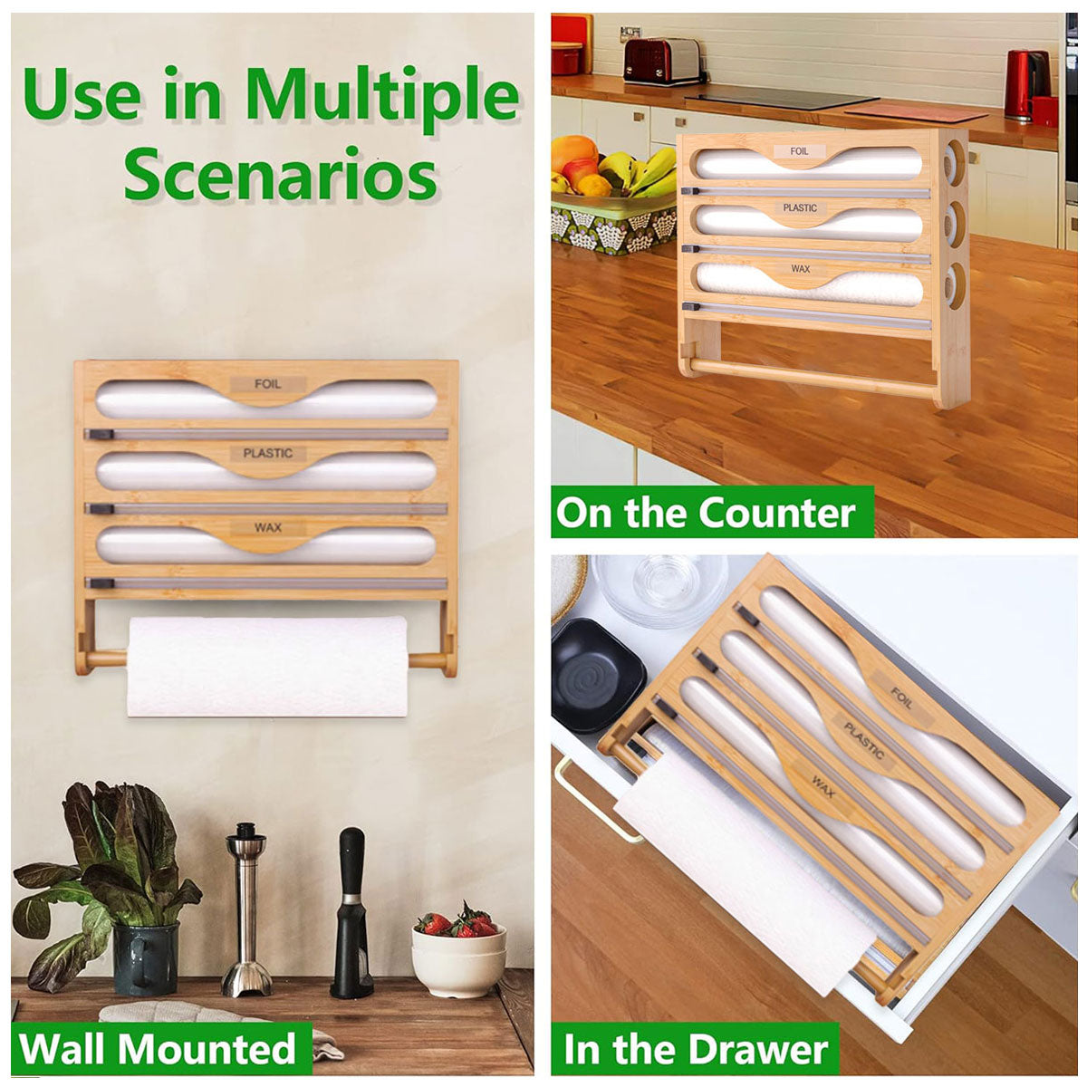 Wall Mounted Plastic Wrap Cutter Bamboo Multi Cell Kitchen Storage Box Organizer