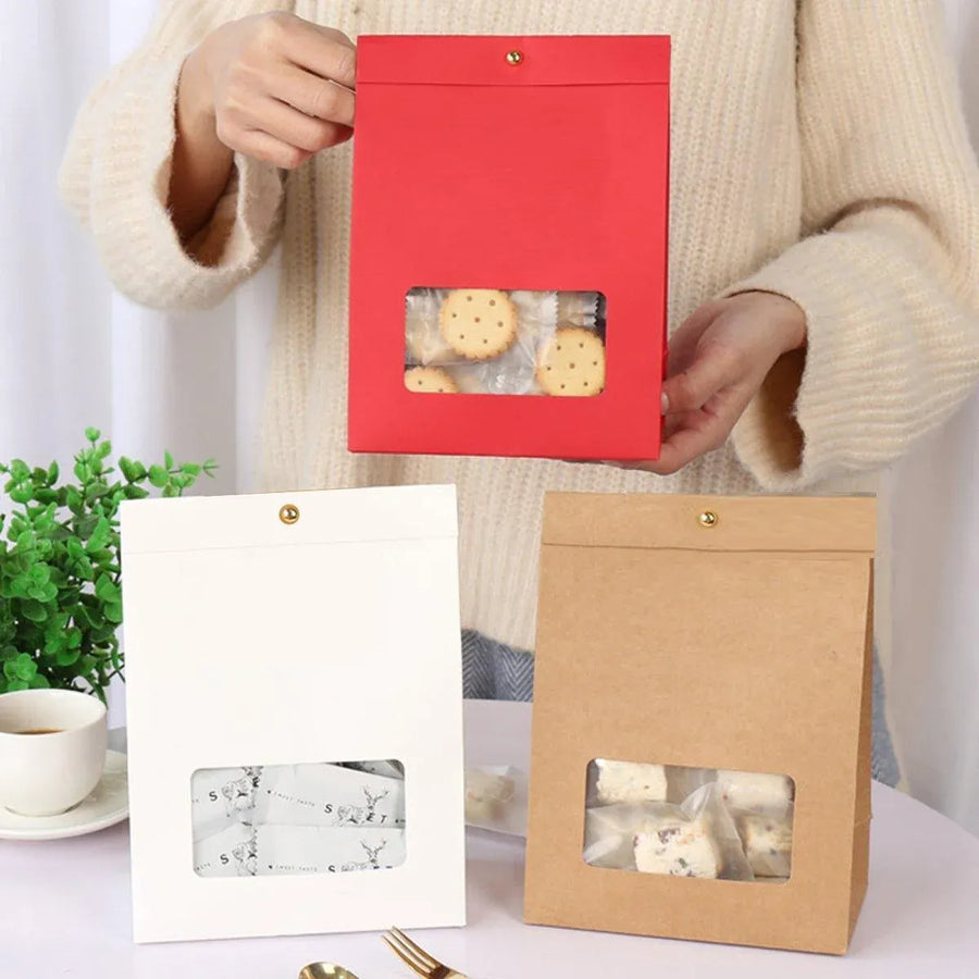 10PCS Snowflake Kraft Paper Candy Bag with Window Biscuit Self Standing Food Bag - Red