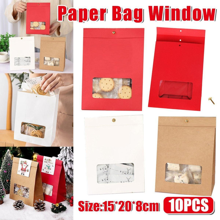 10PCS Snowflake Kraft Paper Candy Bag with Window Biscuit Self Standing Food Bag - Red