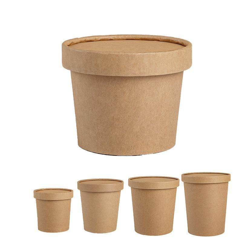 250x Biodegradable Kraft Paper Soup Bucket with Lid Takeaway Tubs Cups - 250ML (8OZ)