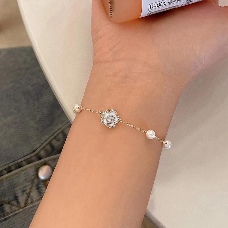 Pearl Flower Bracelet Women Bracelets Charm Hand Chain Titanium Steel Chain - Necklaces