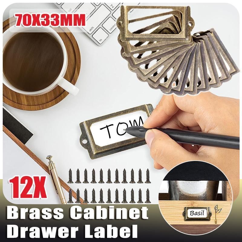 12X Brass Cabinet Drawer Label Pull File Name Card Frame Holder Handle