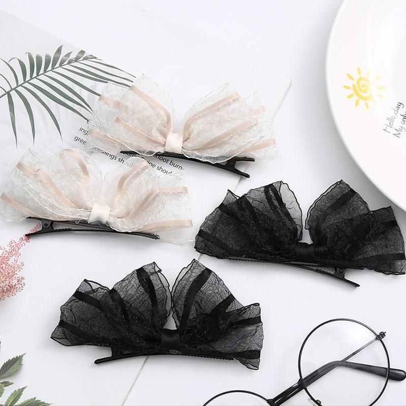2PCS Women Hair Clip Side Bow Knot Barrettes Hairpin Party Headdress Gifts Lace - Apricot