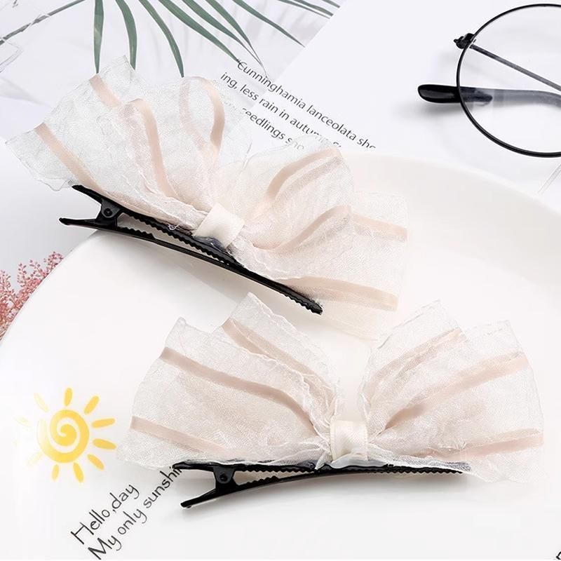 2PCS Women Hair Clip Side Bow Knot Barrettes Hairpin Party Headdress Gifts Lace - Apricot